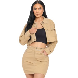 Slickblue Women's Two Piece Set, Embroidered Cropped Shirt and Skirt, Pocket Detail, Navy/Taupe, Size S-L - 1 of 4