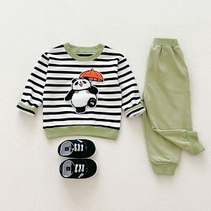 MyKids-USA  Casual and Versatile Two-Piece Set: Round Neck Striped Top and Green Pants for Baby and Toddlers - 1 of 4