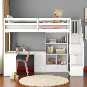Twin Size Loft Bed with L-Shaped Desk, Drawers, Cabinet and Storage Stairs, Space-Saving Wood Frame for Kids - 1 of 4