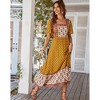 Women's Summer Boho Floral Print Dress Vintage Square Neck Ruffle Swing Flowy Beach Long Maxi Dress - 2 of 4