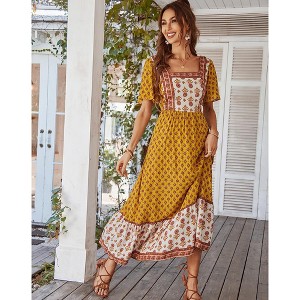 Women's Floral Print Tiered Short Sleeve Dress Square Neck Ruffle High Waist A Line Summer Long Dress - 1 of 4