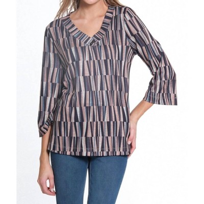 Women's 3/4 Flare Sleeve 2-Button V-Neck Band Print Hatchi Knit Top - Multiples
