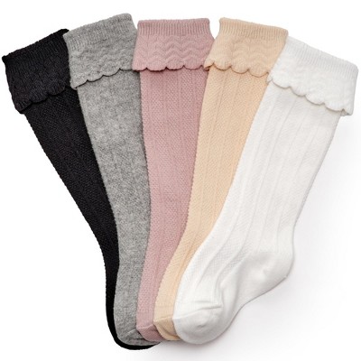 Cozyway Ruffled Toddler Knee High Socks for Girls, 5 Pack, Neutral Pastels, 1-3 Years Old
