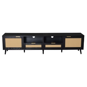 Gulches Black Rattan TV Stand Entertainment Center Fits TVs up to 85 in with Solid Wood Legs 2 Cabinets Open Shelves Farmhouse - 1 of 4