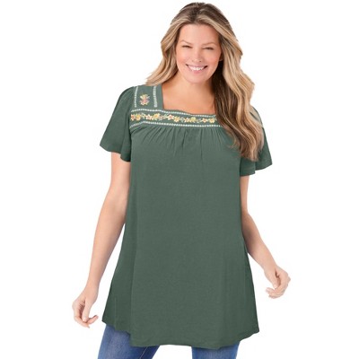 Woman Within Women's Plus Size Embroidered Square Neck Tunic