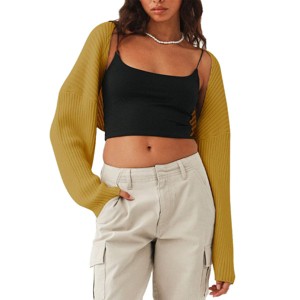 Womens Sweater Bolero Open Front Cropped Sweater Cardigan Long Sleeve Rib Knit Tops Cropped Cardigan Shrugs for Sleeveless Dress - 1 of 4