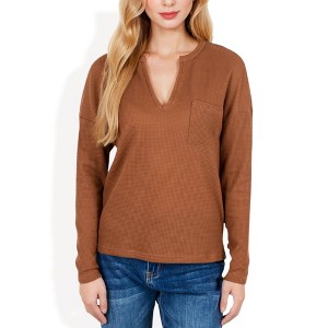 Anna-Kaci Women's Long Sleeve Waffle Knit Top with Notched Neckline and Chest Pocket - 1 of 4