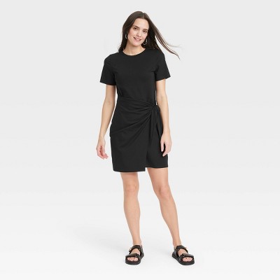 Women's Short Sleeve Mini T-Shirt Wrap Dress - A New Day™ Black XS