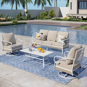 Captiva Designs 4pc extra large metal and rattan outdoor patio conversation set with swivel grid-back chairs and table - 1 of 4