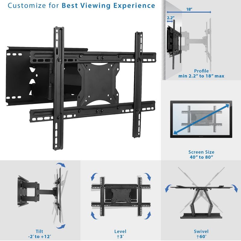 Mount-It! Full Motion Large TV Wall Mount w/ Extension Fits 40" - 80" Flat or Curved Large Screen TVs, Heavy-duty Mount Supports Up to 132 Lbs., 6 of 10