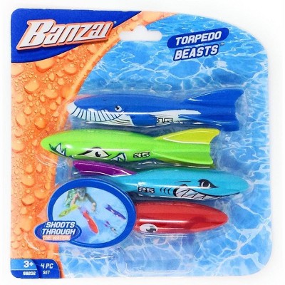 Banzai Swimming Pool Diving Toys Torpedo Beasts Sharks, 4 in a Pack, Ages 3+