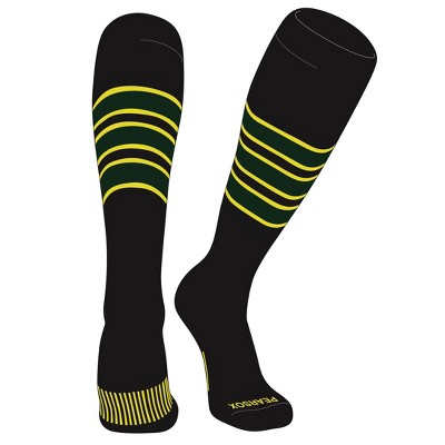 PEAR SOX Striped OTC Baseball, Softball, Football Socks (C) Black, Bright Yellow, Forest Green