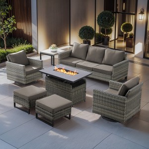 Buenhomino Outdoor Wicker Patio Furniture Set with 43" Propane Fire Pit, Swivel Patio Chairs Set with Sofa Couch, Fire Pit Table and Ottoman - 1 of 4