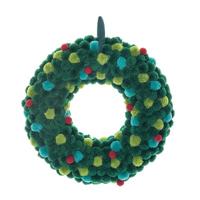 Transpac Fabric 15.7 in. Multicolor Christmas Festive Pom Pom Wreath