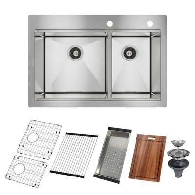 CASAINC 33" Double Bowl Topmount Drop-in Stainless Steel Kitchen Sink Workstation with Included Accessories