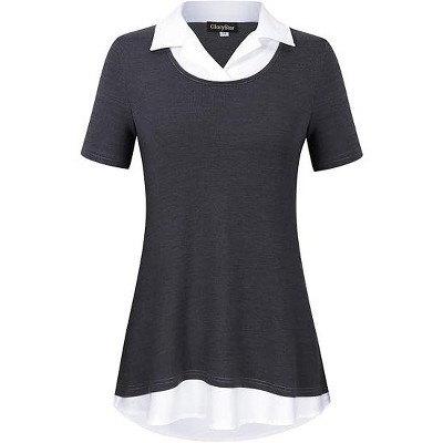 YESFASHION Women's Short Sleeve Contrast Collared Shirts Patchwork Work Blouse Tunics Tops