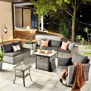 Marlton 9pc Wicker Outdoor Fire Pit Patio Furniture Set Conversation Sofa with a Swivel Chair and Cushions - 1 of 4
