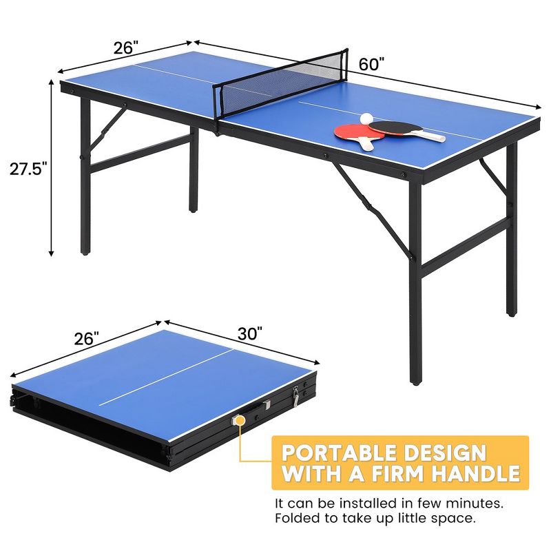 Whizmax Portable Ping Pong Table, Mid-Size Foldable Tennis Table with Net for Indoor Outdoor, 60x26x27.5 Inch, Blue, 2 of 8