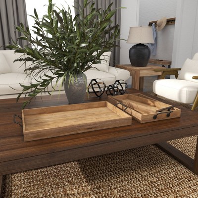 Rustic Brown Mango Wood Rectangular Tray Set with Slot Handles