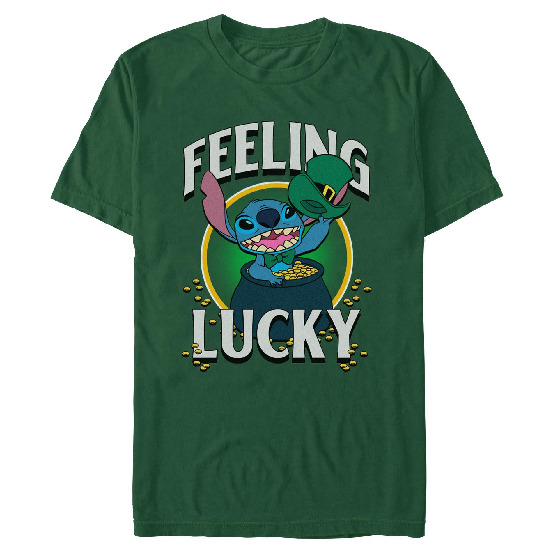 Mens Lilo & Stitch I'm Feeling Gold Lucky T Shirt - Dark Green - Large