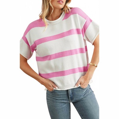 Women's Striped Short Sleeve Sweater - Shewin