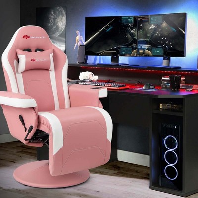 Pink and White PU Leather Reclining Gaming Chair with Footrest