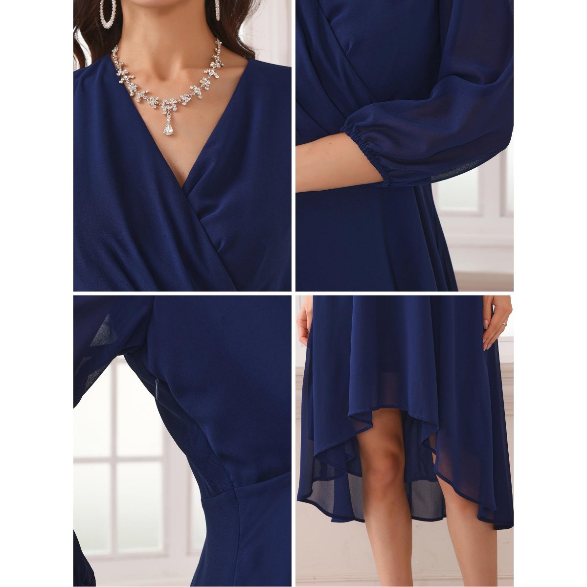 Женские платья INSPIRE CHIC Women's V Neck Sheer 3/4 Sleeve Wrap Cocktail Midi Dresses X-Large Navy Blue — фото 5