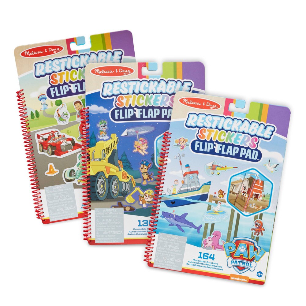 Melissa & Doug PAW Patrol Restickable Stickers Flip-Flap Pad 3-Pack – Classic Missions, Adventure Bay, Ultimate Rescue