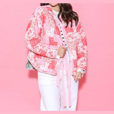 Women's Reversible Cotton Print Quilted Jacket With Bows - Peach Love