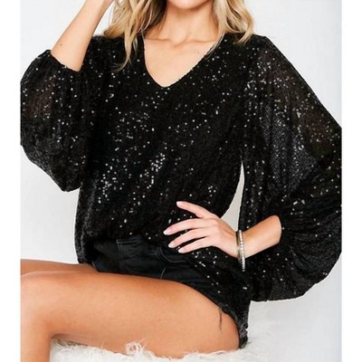 Women's V Neck Balloon Sleeve Sequin Top - Vine & Love
