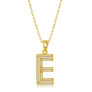 Bella Silver Sterling Silver Micro Pave CZ Block Initial w/Paperclip Chain Gold Plated 18" Pendant Necklace - 1 of 2