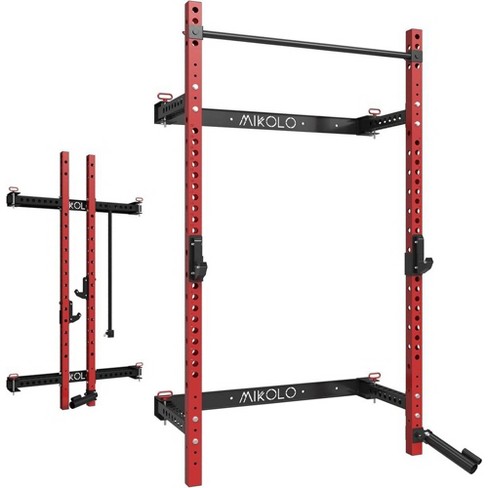 ER Kang 2" x 2" Folding Squat Rack Wall Mounted, Power Rack with Pull Up Bar, J Hooks, Landmine, Space-Saving Home Gym 1000 LBS Capacity, Red - image 1 of 4