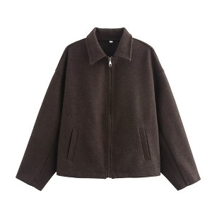 Clearlove Women Woolen Coat Lapel Zip Up Copped Bomber Jacket Outerwear with Pockets - 1 of 4