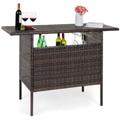 Best Choice Products Outdoor Patio Wicker Bar Counter Table w 2 Steel Shelves 2 Sets of Rails Brown