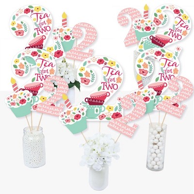 Big Dot of Happiness 2nd Birthday Tea for Two - Garden Second Birthday Party Centerpiece Sticks - Table Toppers - Set of 15