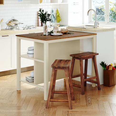 3 Piece Kitchen Island Set with 2 Stools Cream White ModernLuxe