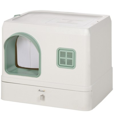 PawHut White and Green Covered Cat Litter Box with Scoop