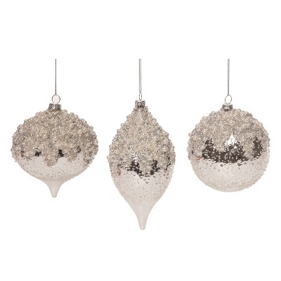 Transpac Glass Glittered Silver w/Beads Ornament Set of 3 Christmas Home Decorations