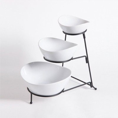 White Ceramic 3-Tier Oval Bowl Set with Metal Stand