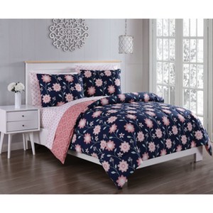 Queen 7pc Britt Comforter Set Navy/Coral - Blush, Blue/Pink