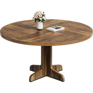 47" Round Dining Table for 4, Farmhouse Kitchen Table with Wood Tabletop and Stable Base, for Home Dining Room Living Room, Brown (Only Table) - 1 of 4