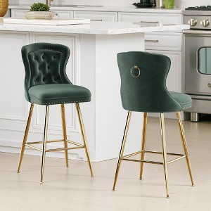 MAYEERTY Green Velvet Bar Stools Set of 2, Button-Tufted Wing-Back,Metal Legs for Kitchen Island & Pub - 1 of 4