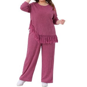 Agnes Orinda Women's Plus Size 2 Piece Crew Neck Asymmetrical Fringe Hem Long Sleeve Ribbed Top and Long Pants Casual Lounge Sets - 1 of 4