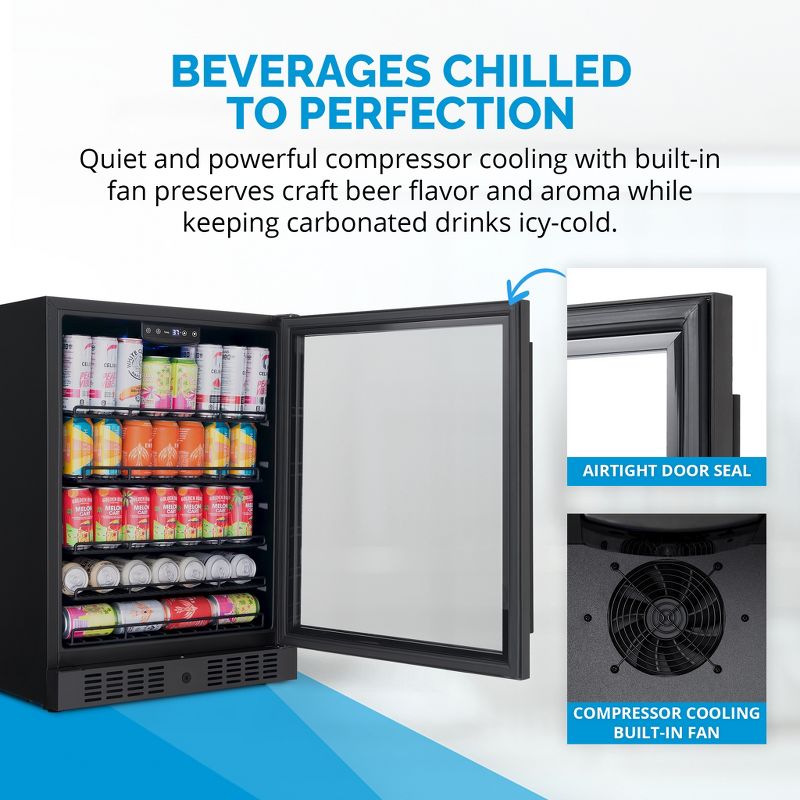 Newair 24" Beverage Refrigerator Cooler, 177 Can Black Stainless Steel Glass Door Fridge, Built-in Counter or Freestanding Bar Drinks Refrigerator, 3 of 17