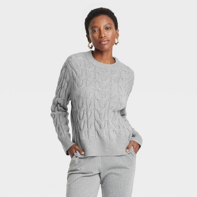 Women's Cable Crewneck Pullover Sweater - A New Day™ Light Gray M : Target