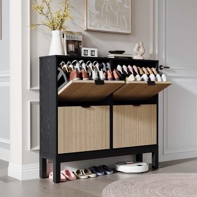 Shoe Storage Cabinet with 4 Flip Drawers, Farmhouse Fluted Shoe Organizer with Metal Legs