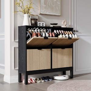 Shoe Storage Cabinet with 4 Flip Drawers, Farmhouse Fluted Shoe Organizer with Metal Legs - 1 of 4