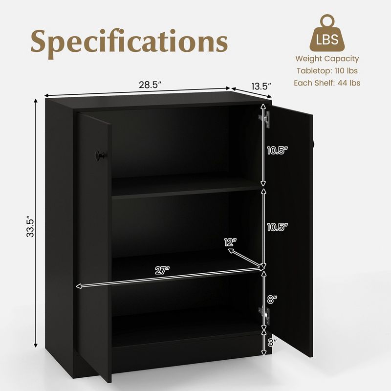 Costway 2-Door Storage Cabinet Freestanding Storage Organizer with 3-Tier Shelf Entryway Black/Brown, 4 of 11