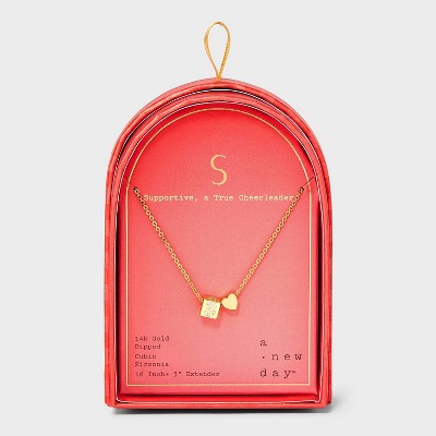 14K Gold Dipped Slider Heart and Initial Cube Pendant Necklace - A New Day™ Gold