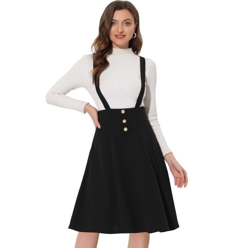 Allegra K Women's High Waist Solid Color Button Decor Flared Midi Suspender Skirt, 1 of 7